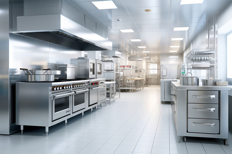 a large commercial kitchen with stainless steel appliances