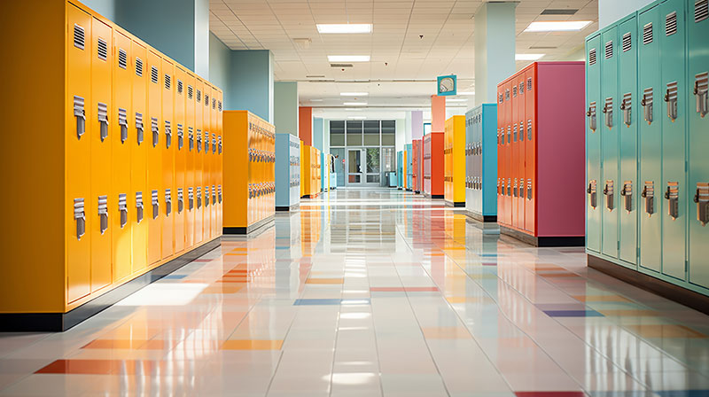 a hallway with many lockers