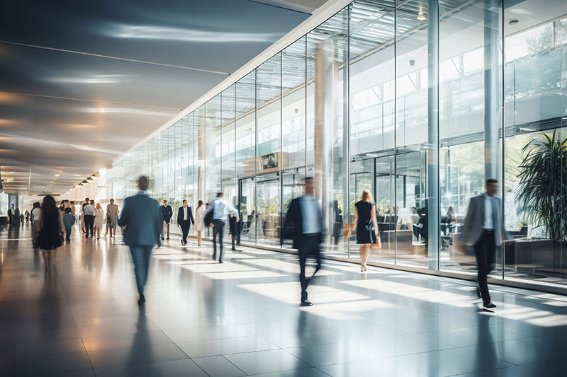 a group of people walking in a building