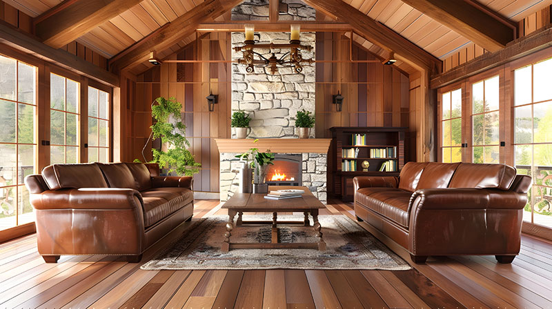 a living room with a fireplace and leather couches