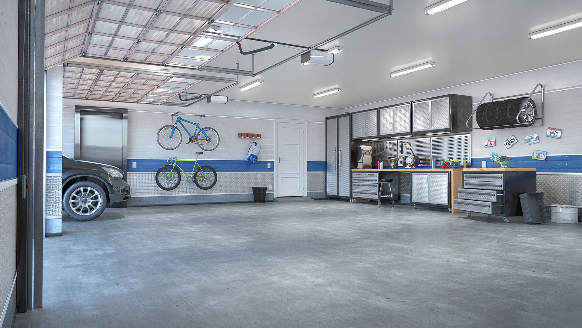 a garage with a bicycle on the wall