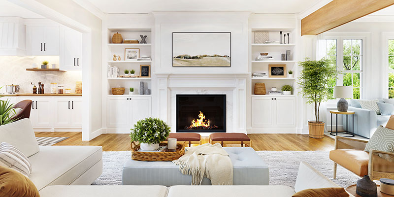 a living room with a fireplace and a couch